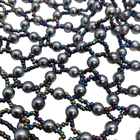 Gray pearls peacock beads mesh bib necklace - Picture 3 of 6